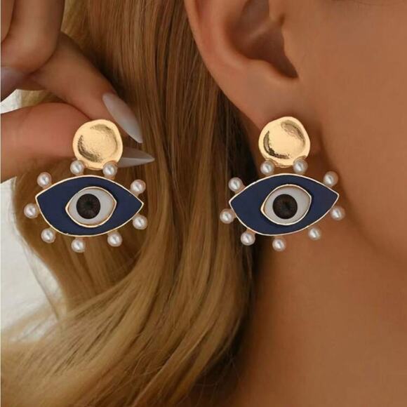 Gorgeous NEW Evil Eye Gold Accent Earrings OS Blue Gold - Picture 1 of 4